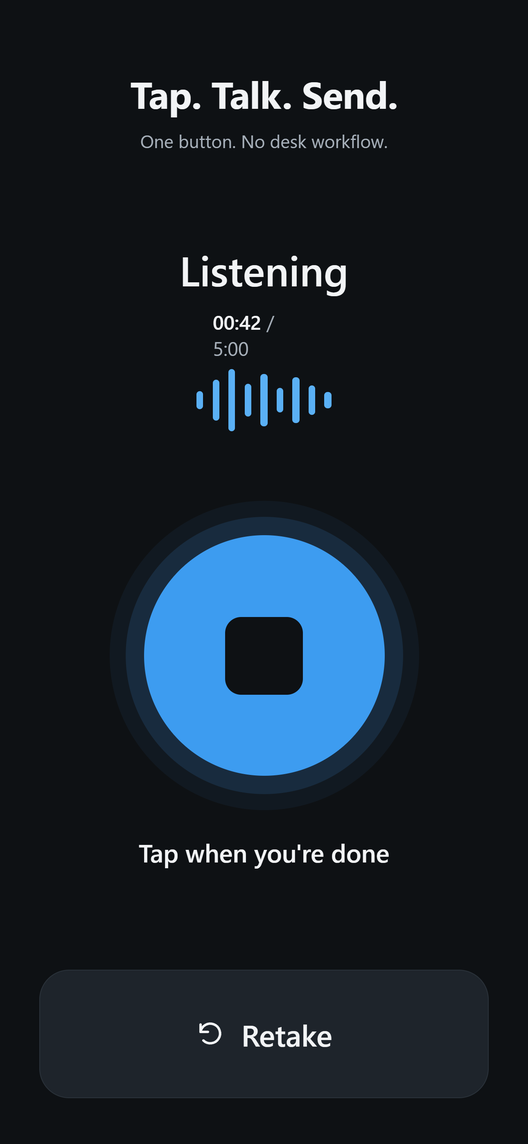 Listening screen with a big Stop button and Retake