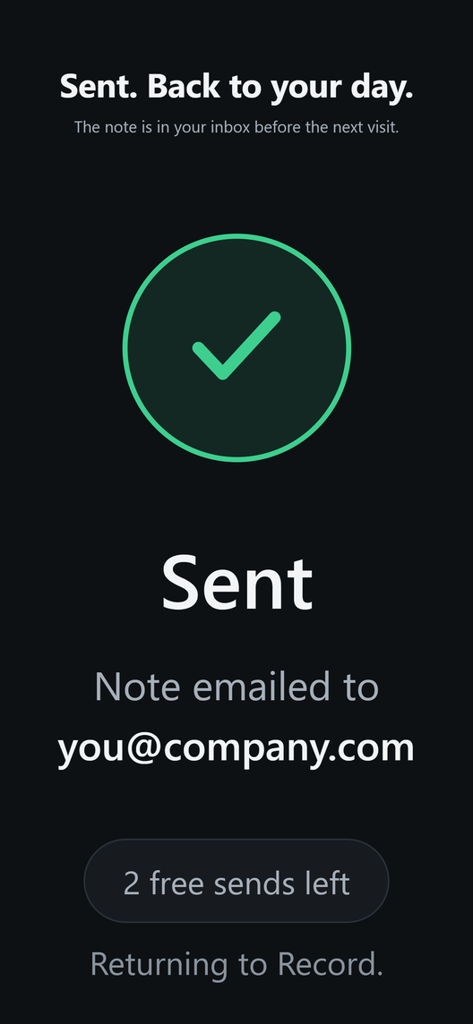 Sent screen: the note is emailed to you
