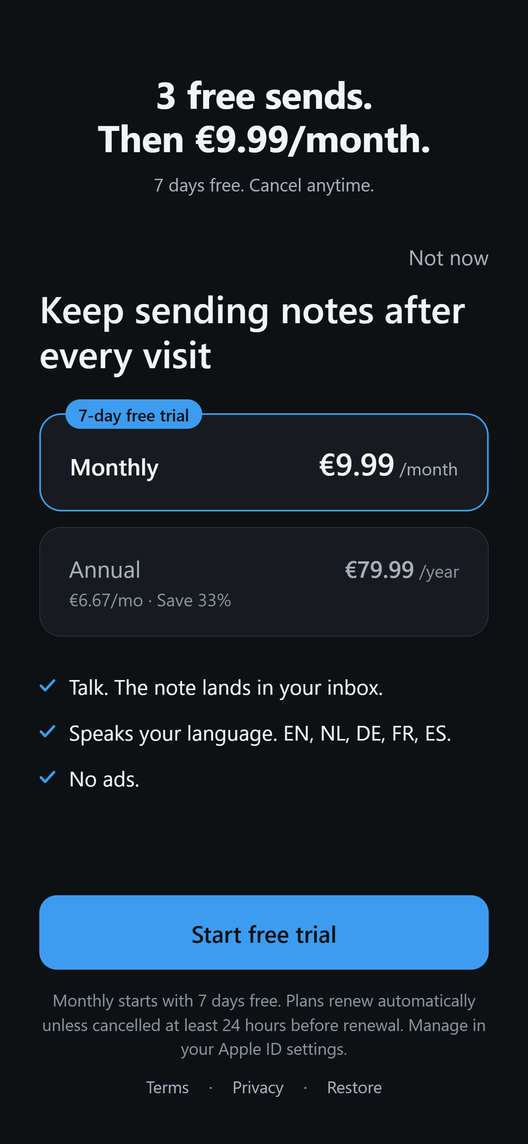 Plans: 3 free sends, then monthly or yearly